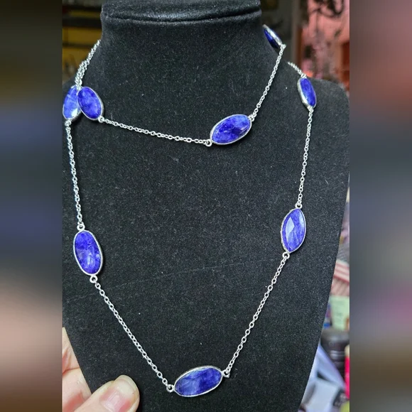 Lapis lazule natural crystal gemstone sterling station necklace 16"/33" - Picture 4 of 9